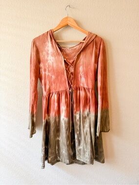 Earthbound Tie-Dye Lace-Up Hooded Babydoll Cardigan XL